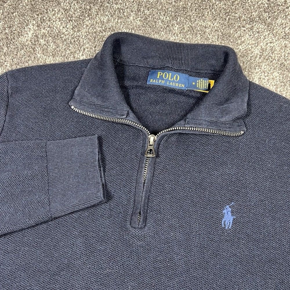 Polo Ralph Lauren Sweater Mens M Blue Mock Neck 1/4 Zip Waffle Knit Pima Cotton